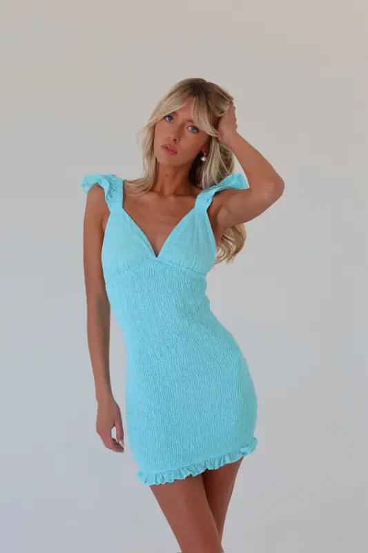 Aqua Smocked Eyelet Mini Dress